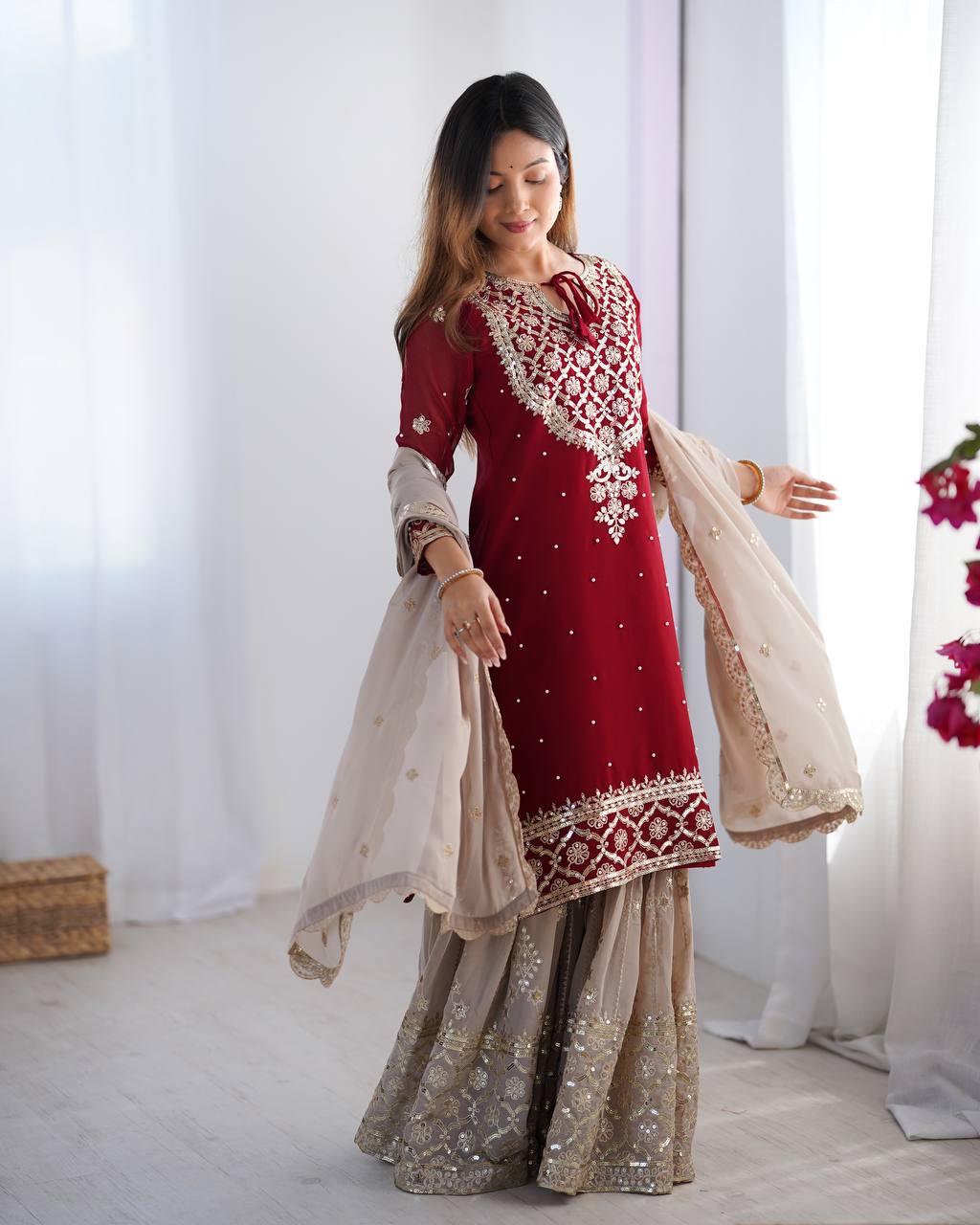Teeya Creation Red Color Faux Georgette Embroidery Work Fully Stitched Salwar Suit