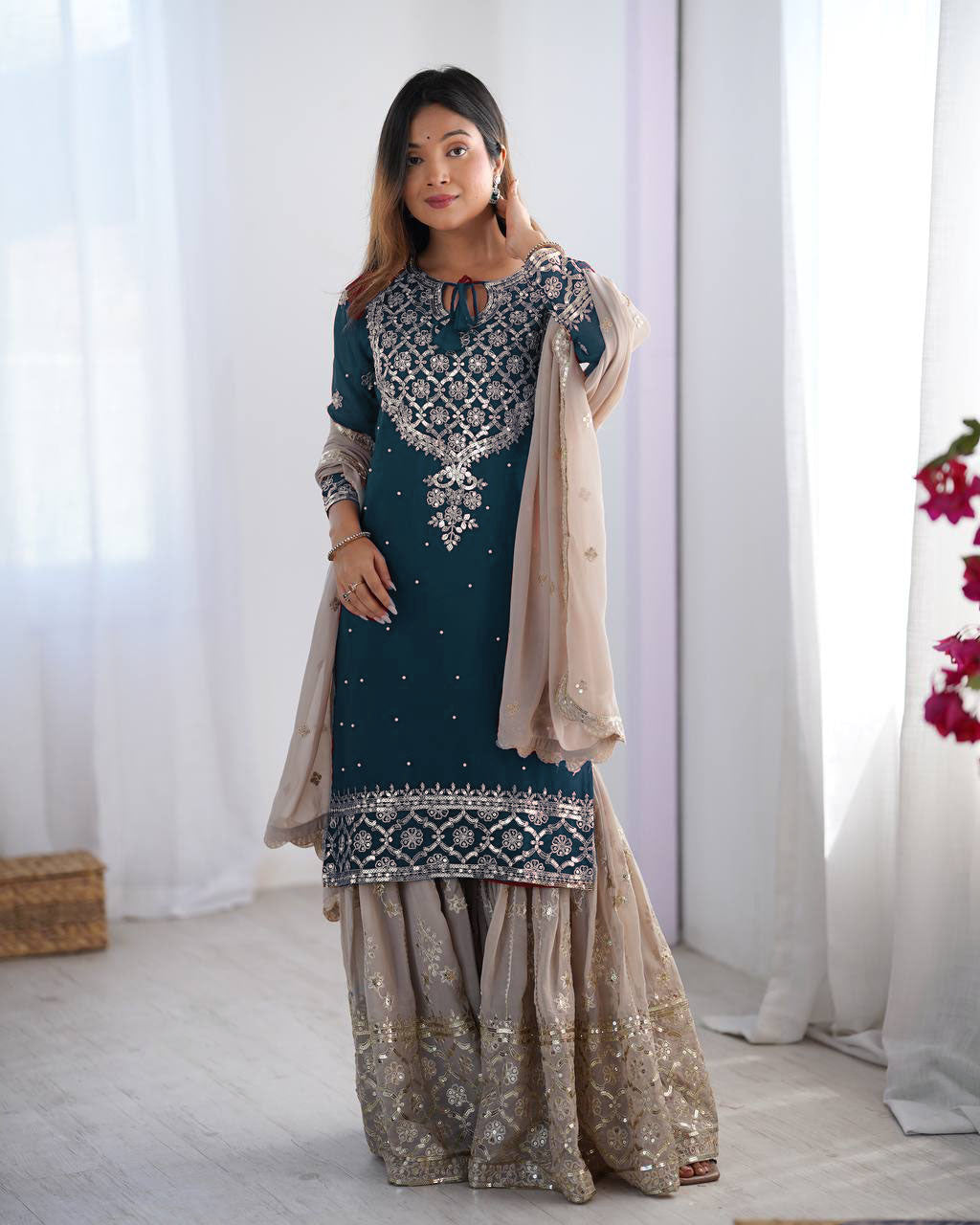 Teeya Creation Teal Color Faux Georgette Embroidery Work Fully Stitched Salwar Suit