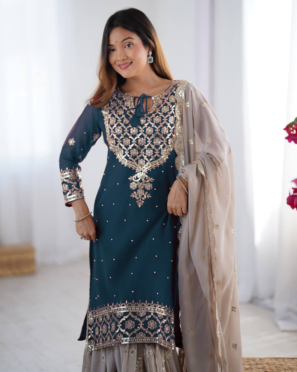 Teeya Creation Teal Color Faux Georgette Embroidery Work Fully Stitched Salwar Suit