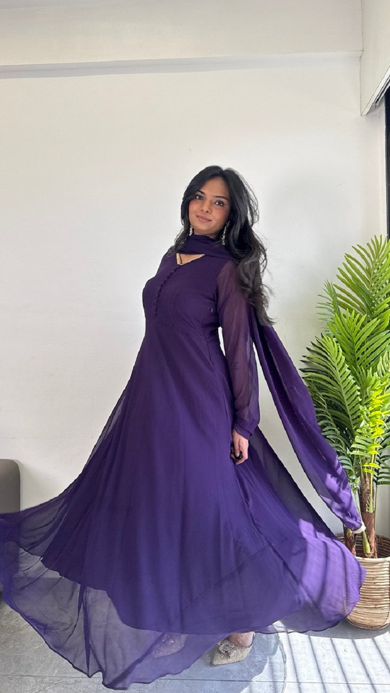 Teeya Creation Purple Color Faux Georgette Digital Print Fully Stitched Gown