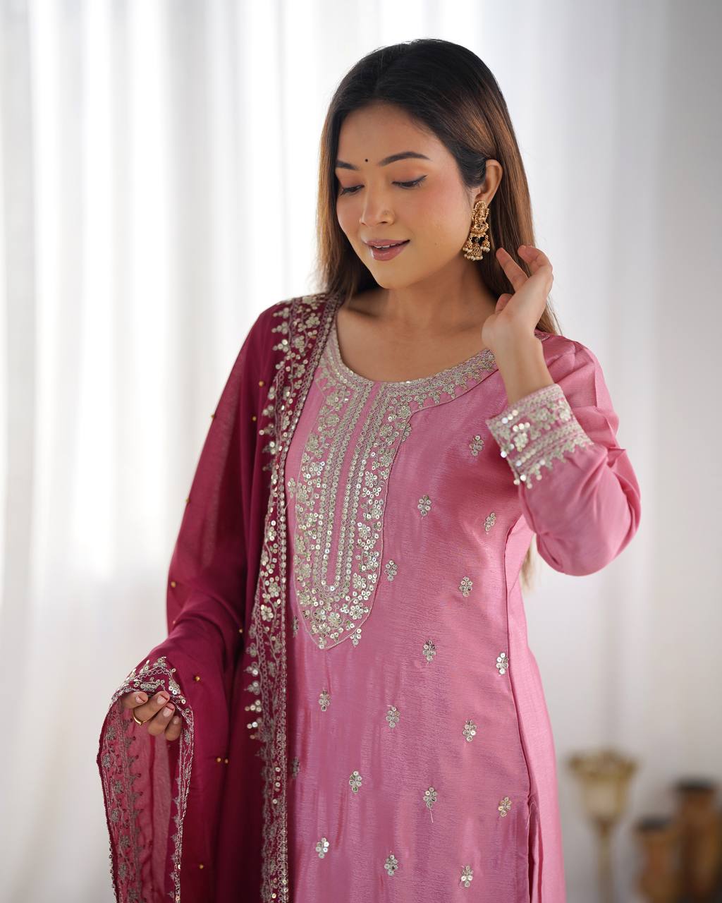 Teeya Creation Baby Pink Color Chinnon Silk Embroidery Work Fully Stitched Salwar Suit