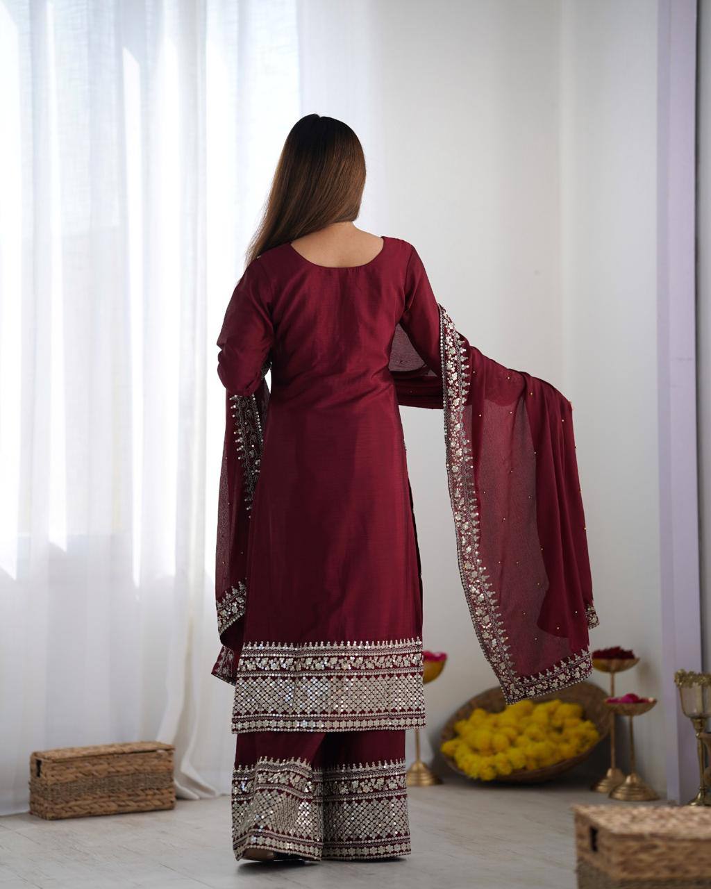 Teeya Creation Maroon Color Chinnon Silk Embroidery Work Fully Stitched Salwar Suit