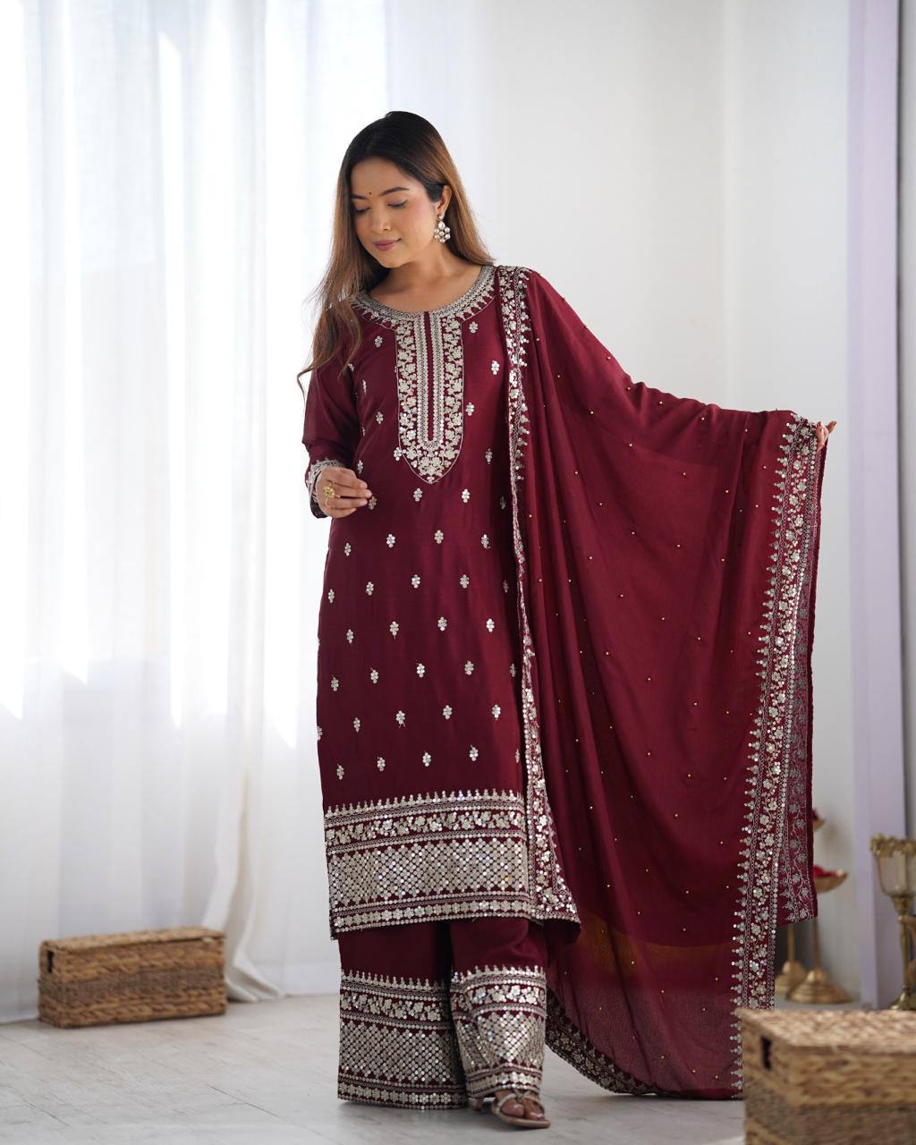 Teeya Creation Maroon Color Chinnon Silk Embroidery Work Fully Stitched Salwar Suit