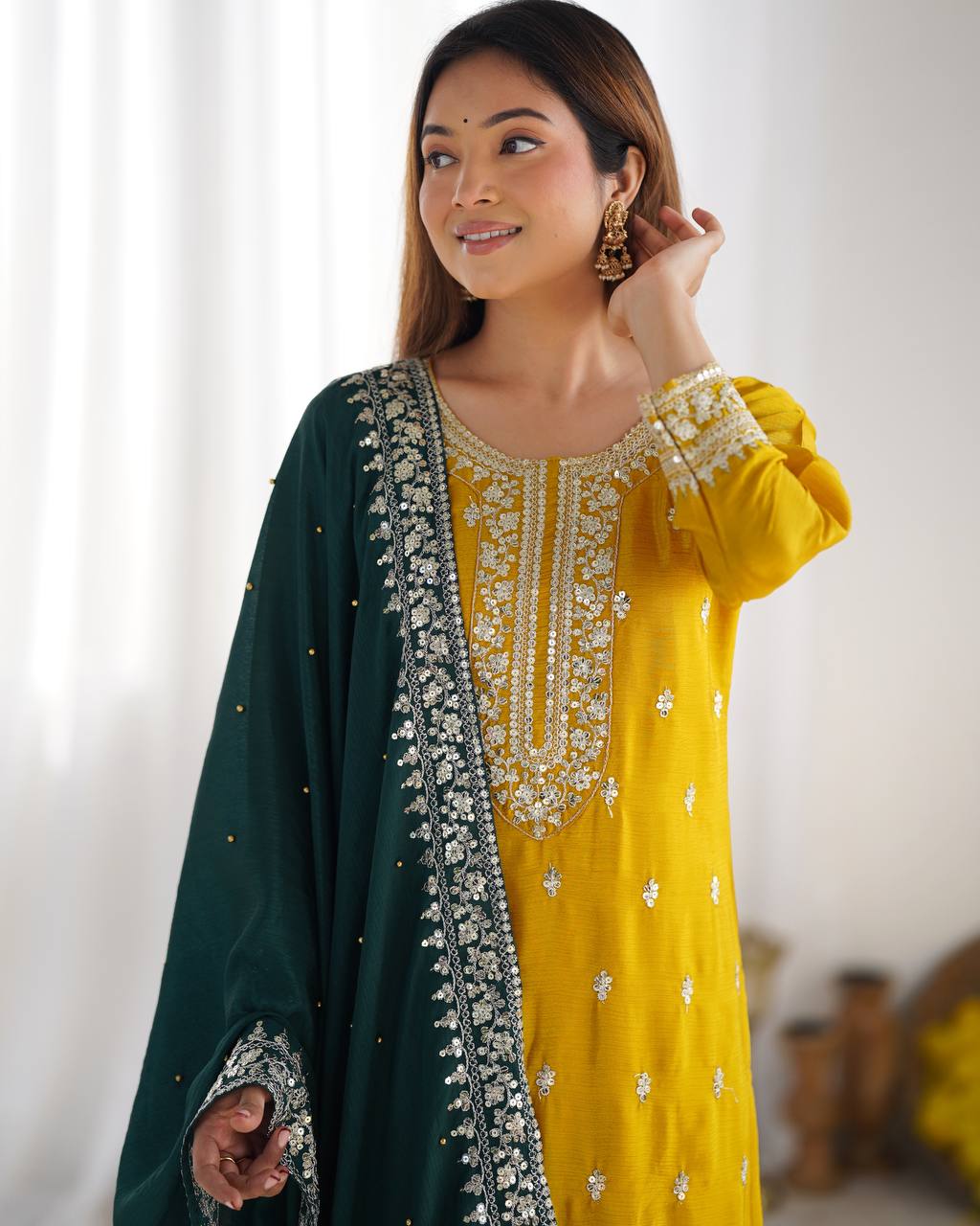 Teeya Creation Yellow Color Chinnon Silk Embroidery Work Fully Stitched Salwar Suit