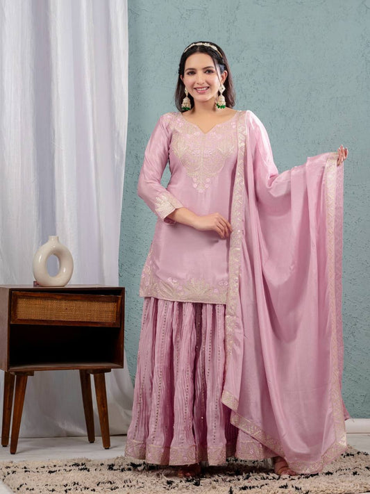 Teeya Creation Baby Pink Color Chinnon Silk Embroidery Work Fully Stitched Salwar Suit