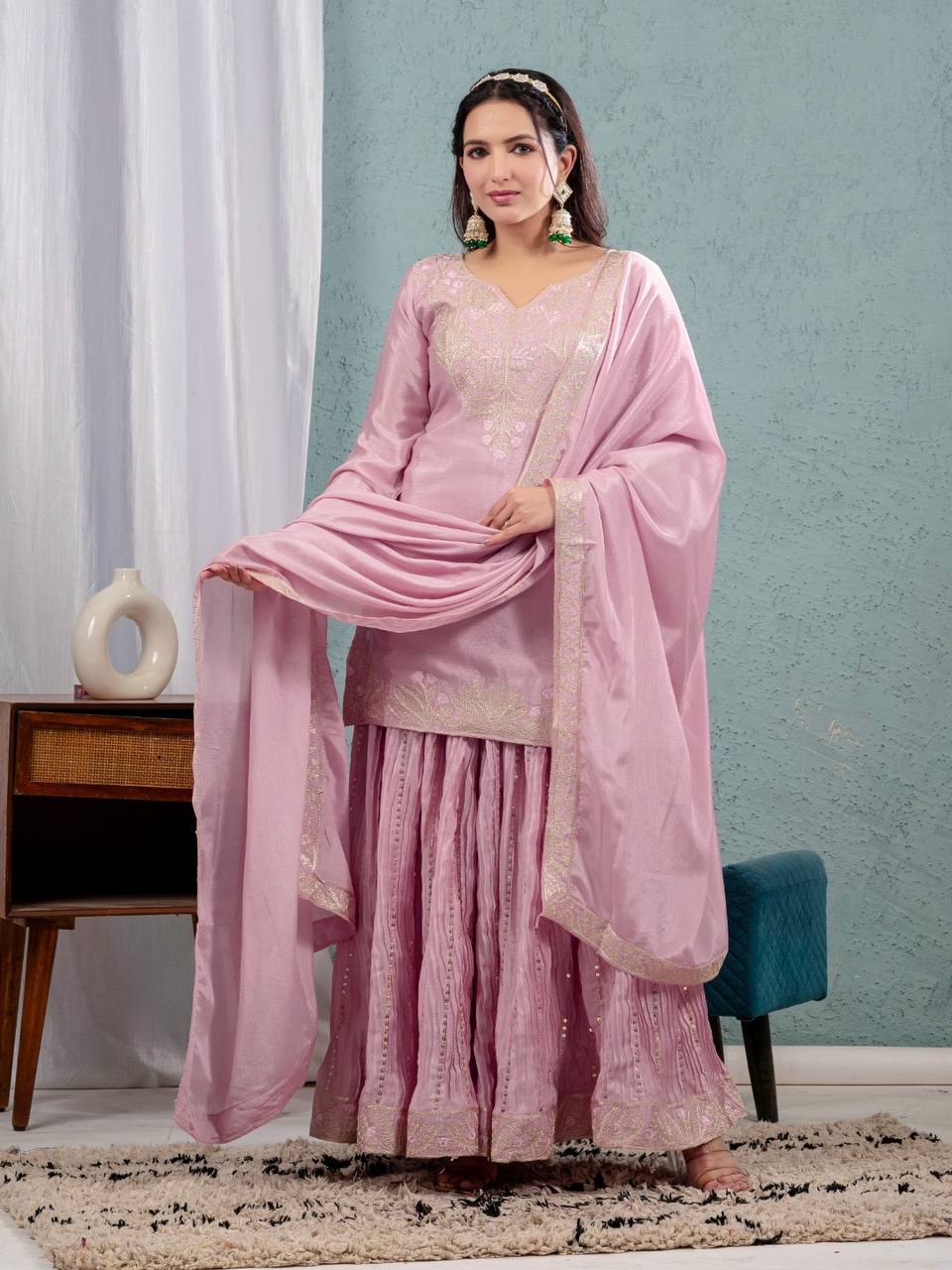 Teeya Creation Baby Pink Color Chinnon Silk Embroidery Work Fully Stitched Salwar Suit