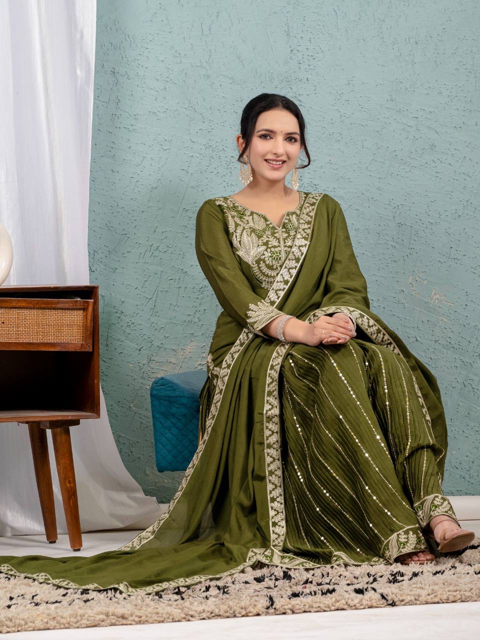 Teeya Creation Mehendi Color Chinnon Silk Embroidery Work Fully Stitched Salwar Suit