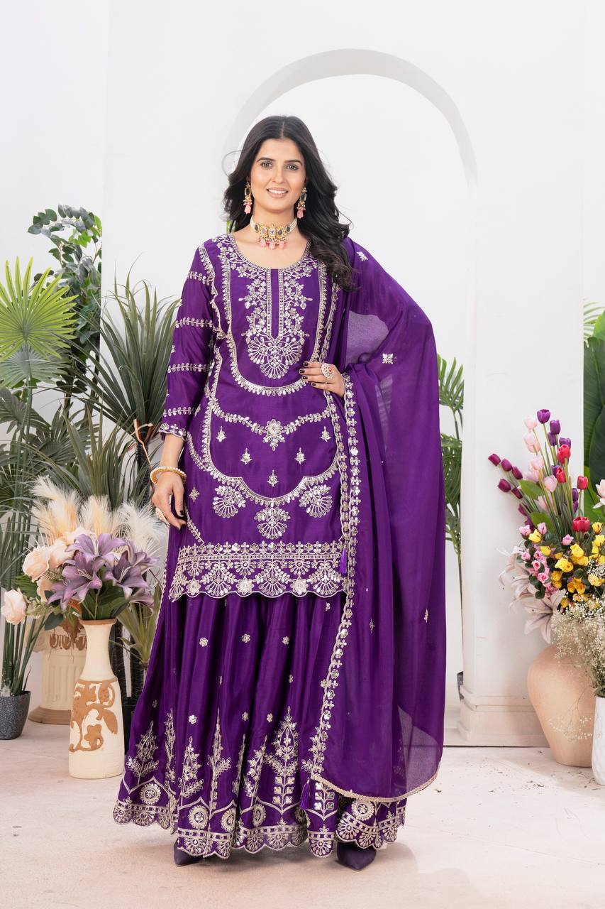 Teeya Creation Purple Color Chinnon Silk Embroidery Work Fully Stitched Salwar Suit | Grab2Buy