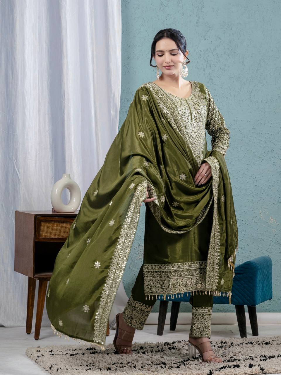 Teeya Creation Green Color Chinnon Silk Embroidery Work Fully Stitched Salwar Suit