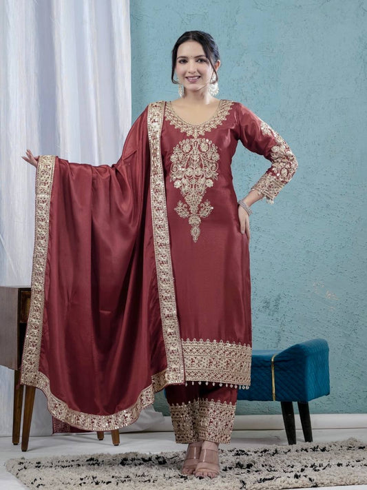Teeya Creation Maroon Color Chinnon Silk Embroidery Work Fully Stitched Salwar Suit