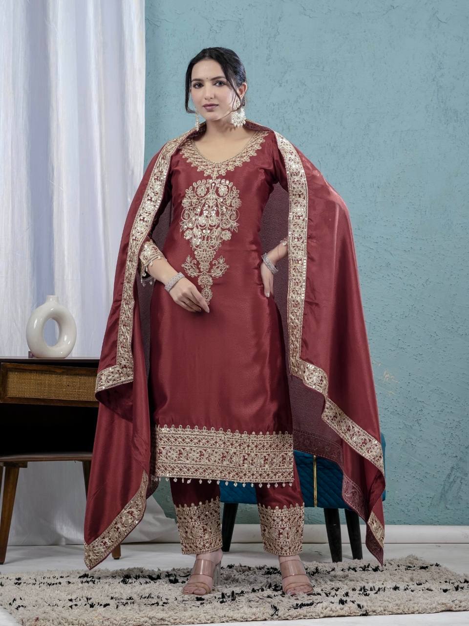 Teeya Creation Maroon Color Chinnon Silk Embroidery Work Fully Stitched Salwar Suit