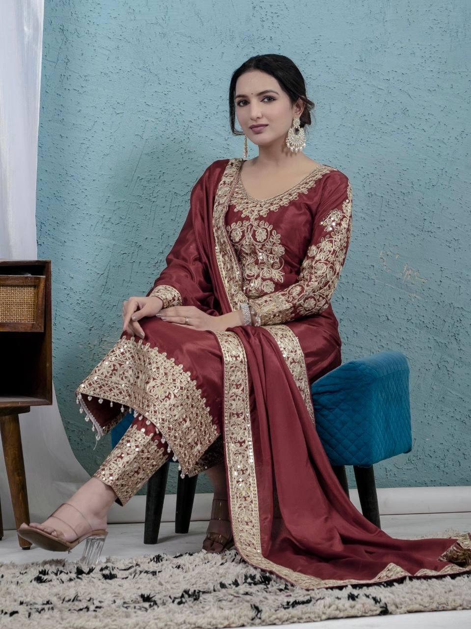 Teeya Creation Maroon Color Chinnon Silk Embroidery Work Fully Stitched Salwar Suit