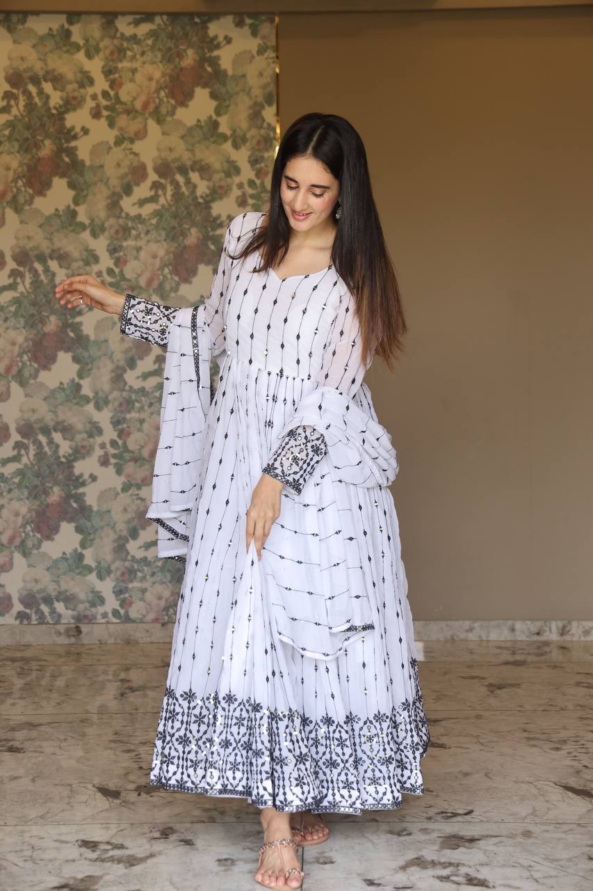 Teeya Creation White Color Faux Georgette Heavy Embroidery And Sequence Work Anarkali With Pants And Dupatta
