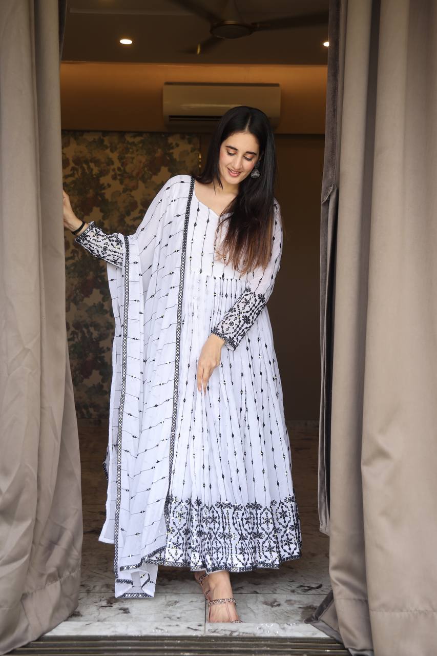 Teeya Creation White Color Faux Georgette Heavy Embroidery And Sequence Work Anarkali With Pants And Dupatta