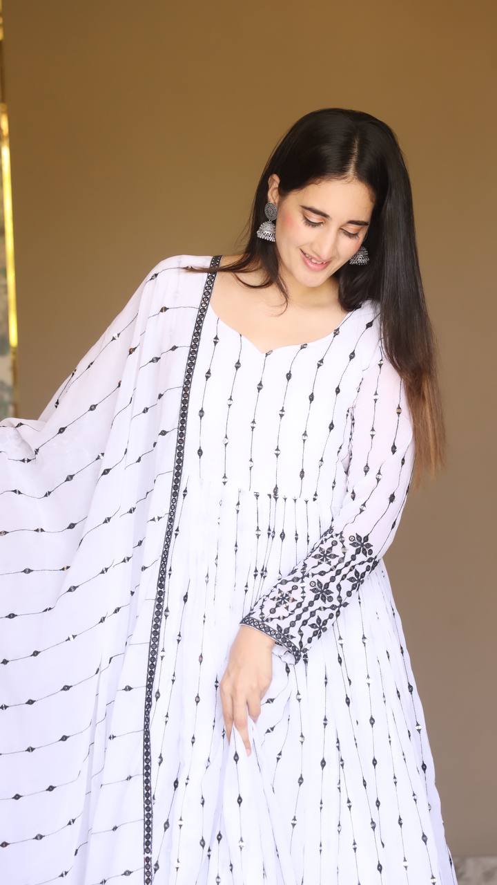 Teeya Creation White Color Faux Georgette Heavy Embroidery And Sequence Work Anarkali With Pants And Dupatta