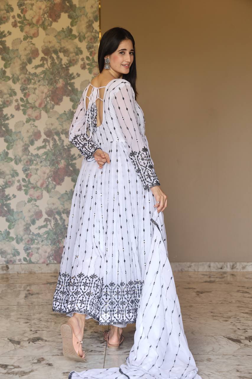 Teeya Creation White Color Faux Georgette Heavy Embroidery And Sequence Work Anarkali With Pants And Dupatta