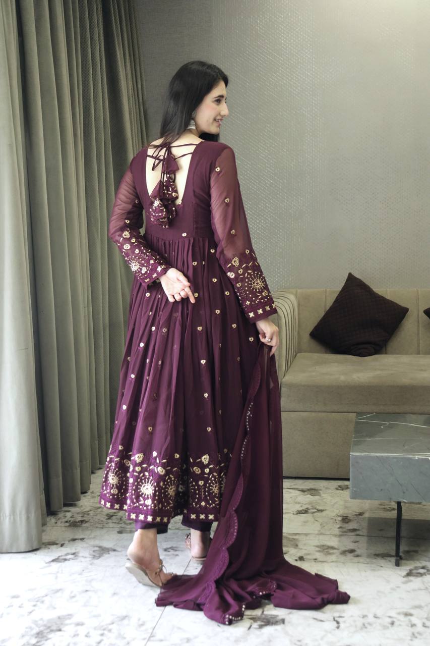 Teeya Creation Wine Color Faux Georgette Heavy Embroidery And Sequence Work Anarkali With Pants And Dupatta