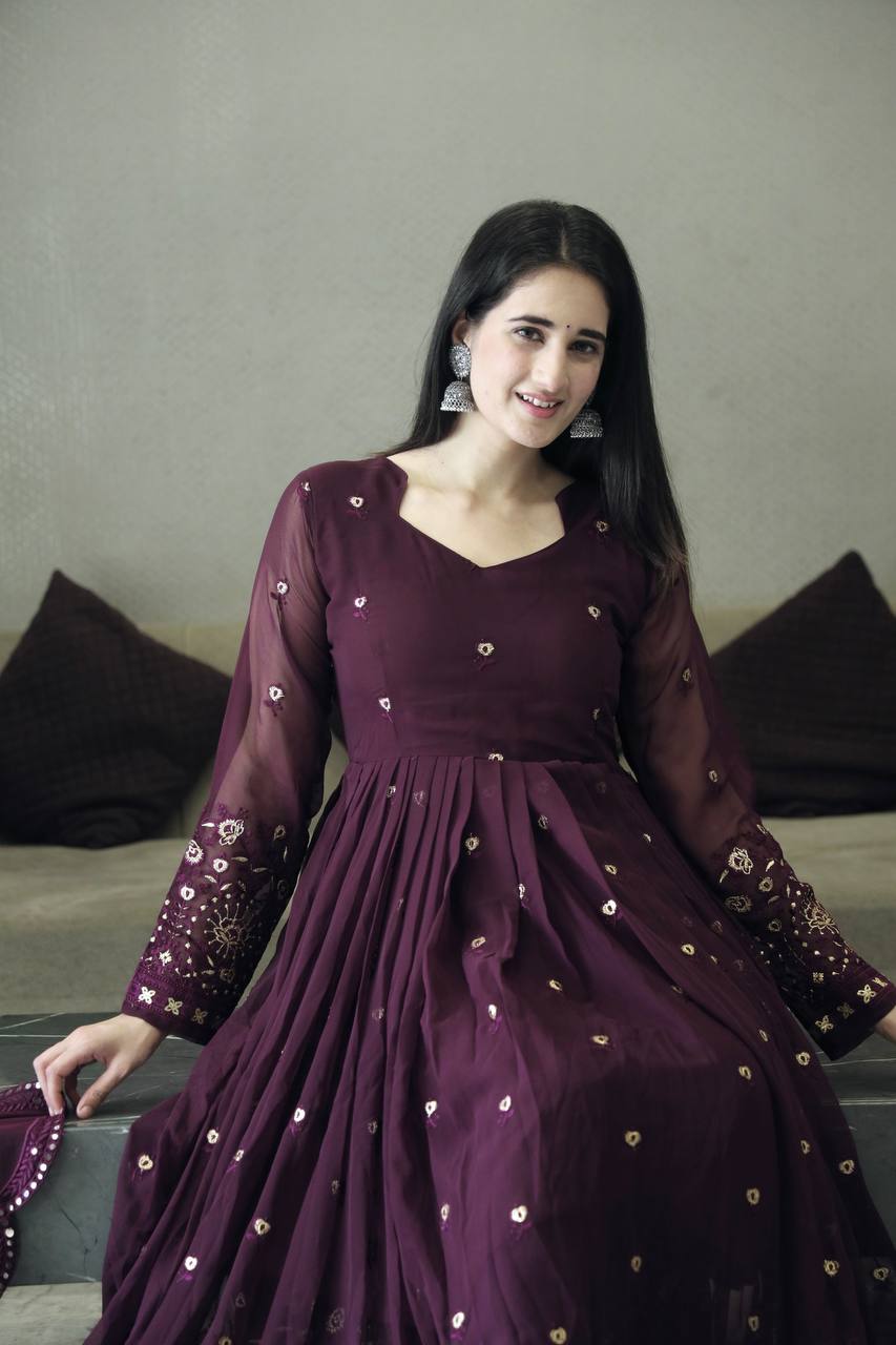 Teeya Creation Wine Color Faux Georgette Heavy Embroidery And Sequence Work Anarkali With Pants And Dupatta