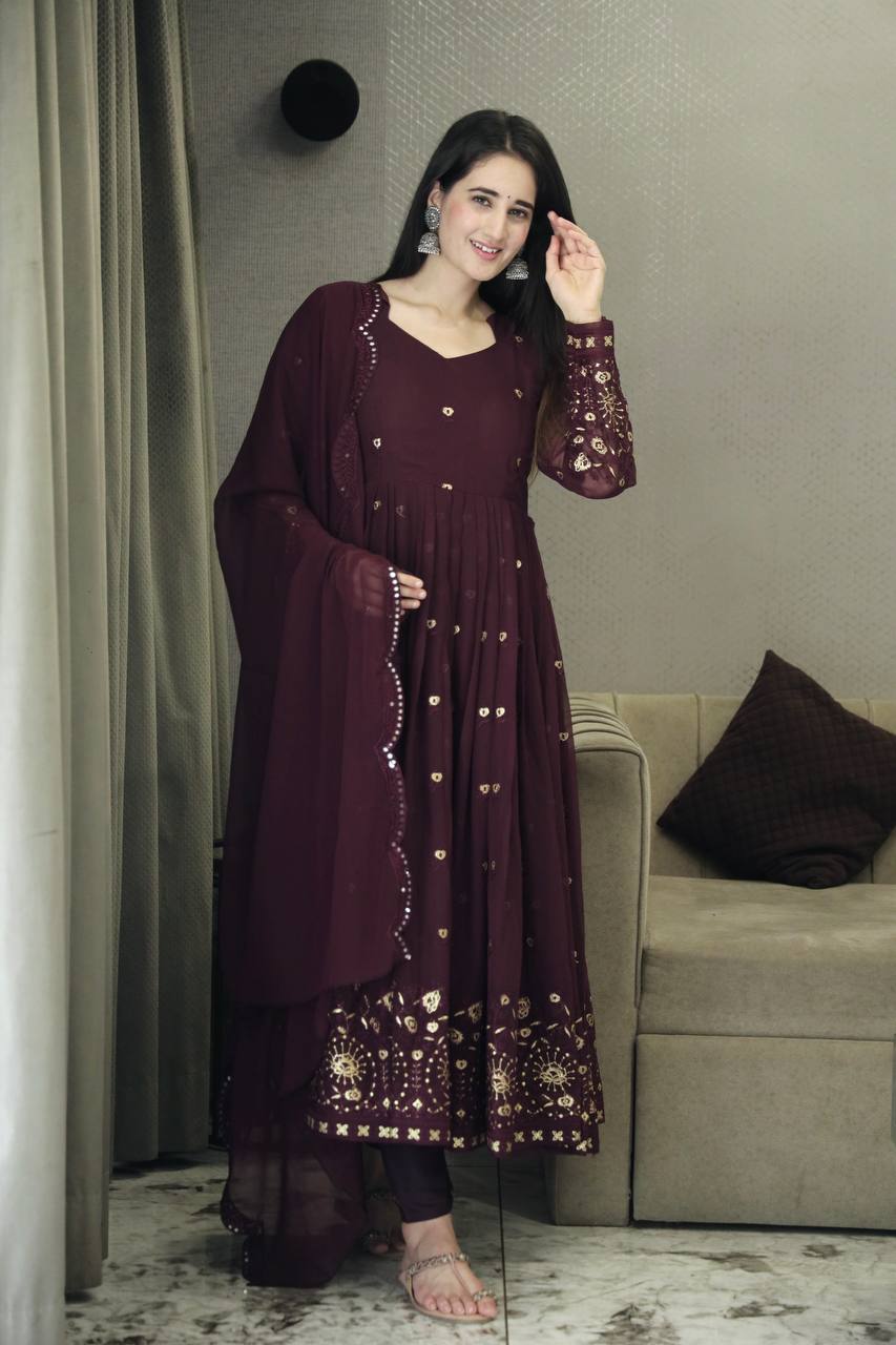 Teeya Creation Wine Color Faux Georgette Heavy Embroidery And Sequence Work Anarkali With Pants And Dupatta