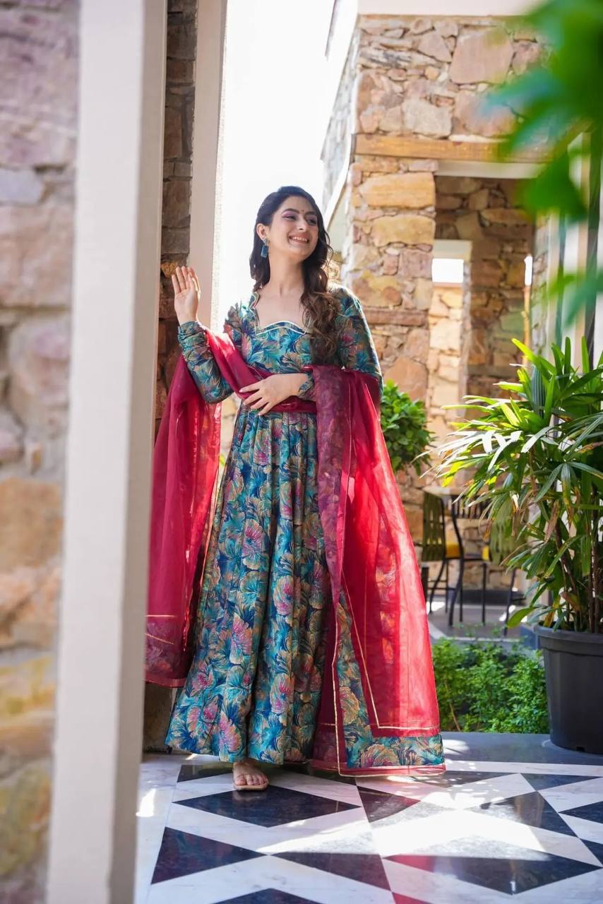 Teeya Creation Multicolor Muslin Silk Digital Print Anarkali With Pants And Dupatta
