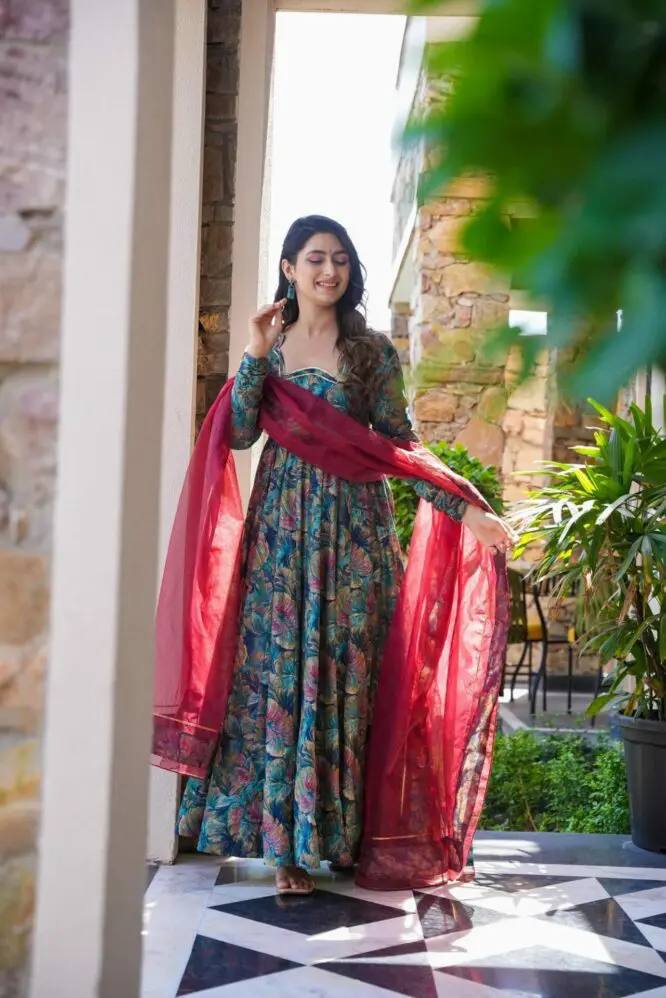 Teeya Creation Multicolor Muslin Silk Digital Print Anarkali With Pants And Dupatta