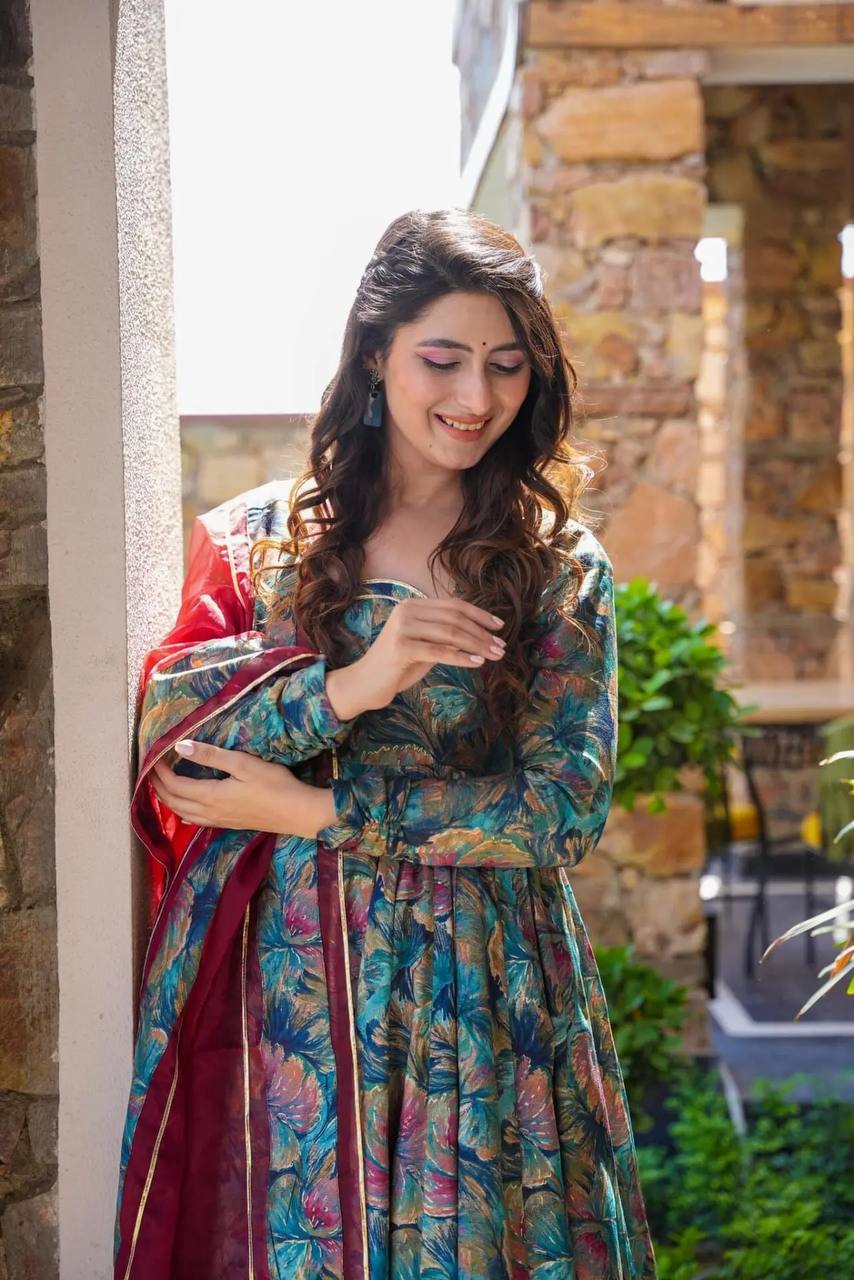 Teeya Creation Multicolor Muslin Silk Digital Print Anarkali With Pants And Dupatta