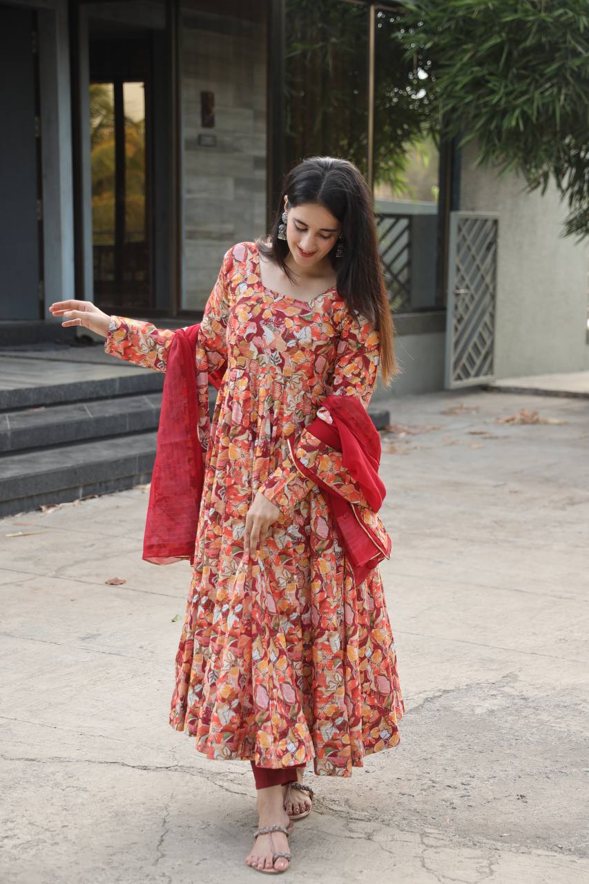 Teeya Creation Multicolor Muslin Silk Digital Print Anarkali With Pants And Dupatta