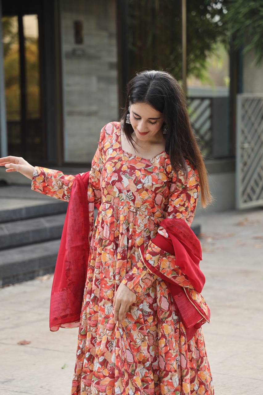 Teeya Creation Multicolor Muslin Silk Digital Print Anarkali With Pants And Dupatta