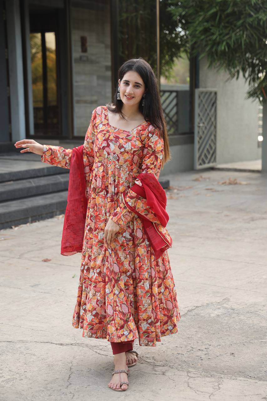 Teeya Creation Multicolor Muslin Silk Digital Print Anarkali With Pants And Dupatta