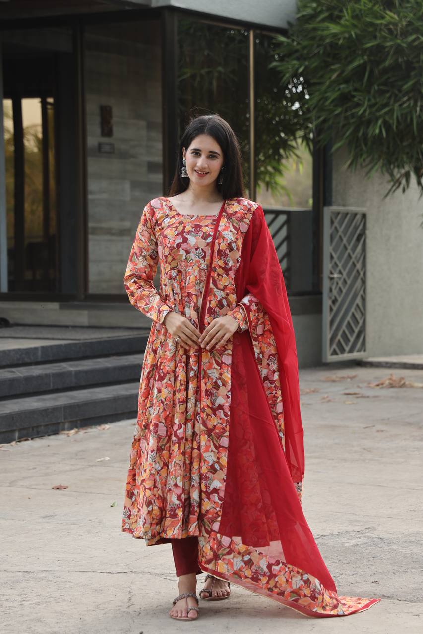 Teeya Creation Multicolor Muslin Silk Digital Print Anarkali With Pants And Dupatta