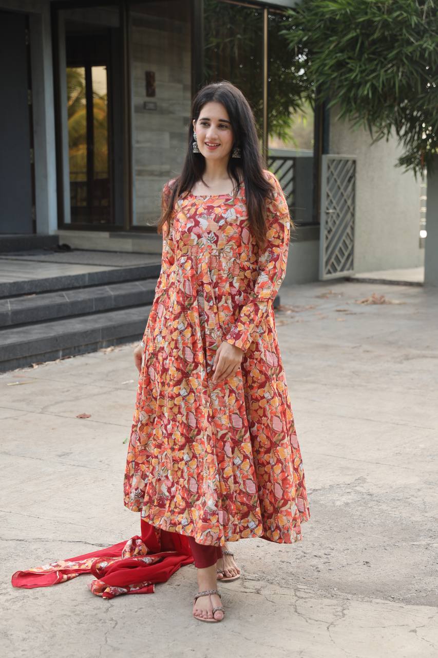 Teeya Creation Multicolor Muslin Silk Digital Print Anarkali With Pants And Dupatta