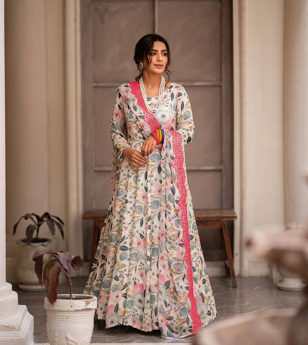 Teeya Creation Multicolor Chinon Silk Digital Print With Sequence Work Anarkali With Pants And Dupatta