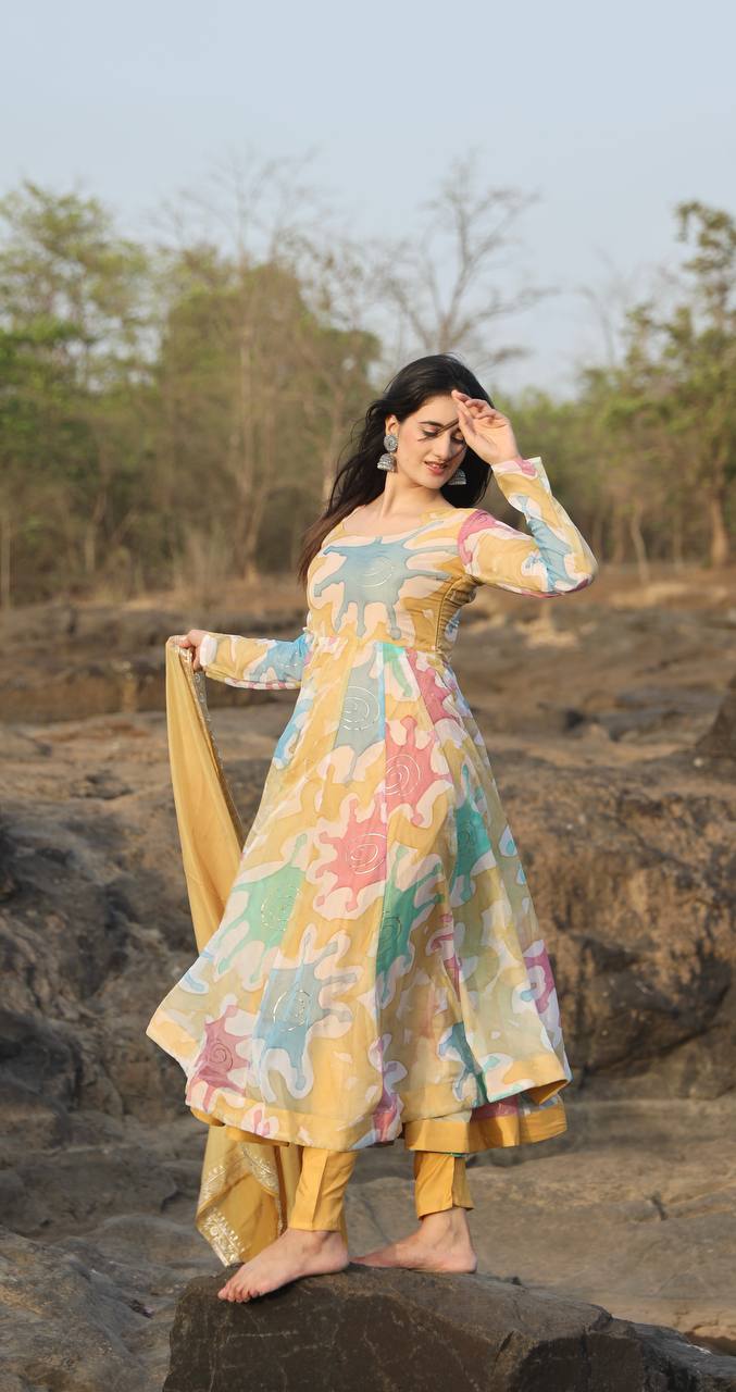 Teeya Creation Multicolor Soft organza Silk Digital Printed With Foil Print Anarkali With Pants And Dupatta