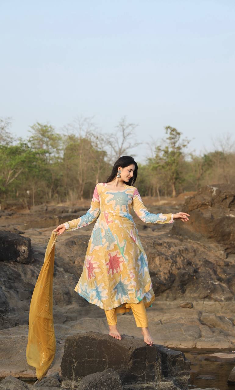 Teeya Creation Multicolor Soft organza Silk Digital Printed With Foil Print Anarkali With Pants And Dupatta