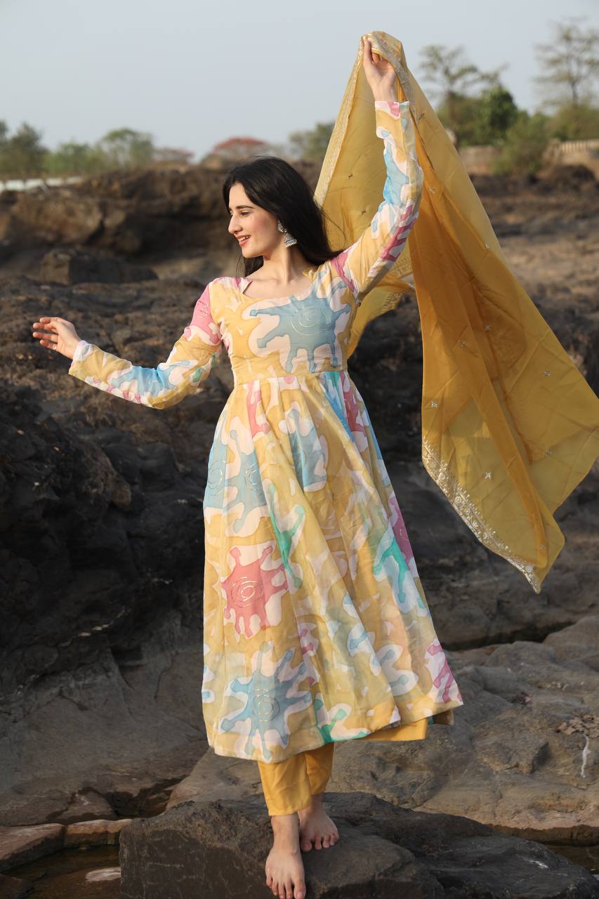 Teeya Creation Multicolor Soft organza Silk Digital Printed With Foil Print Anarkali With Pants And Dupatta