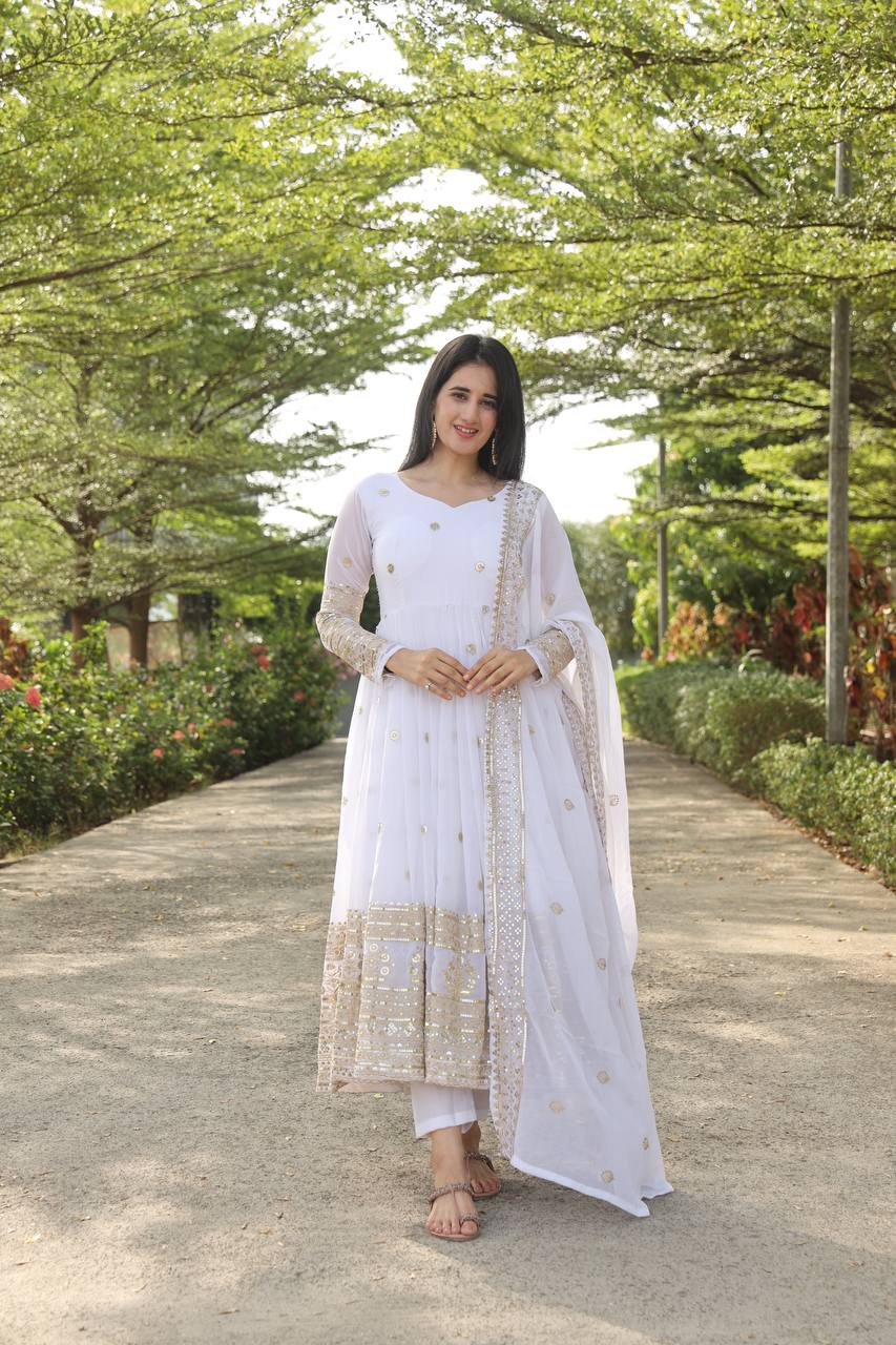 Teeya Creation White Color Georgette Heavy Embroidery And Sequence Work Anarkali With Pants And Dupatta