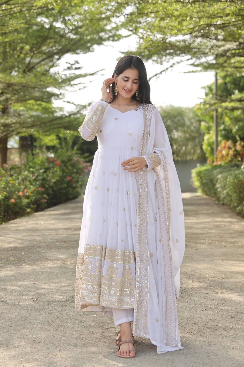 Teeya Creation White Color Georgette Heavy Embroidery And Sequence Work Anarkali With Pants And Dupatta