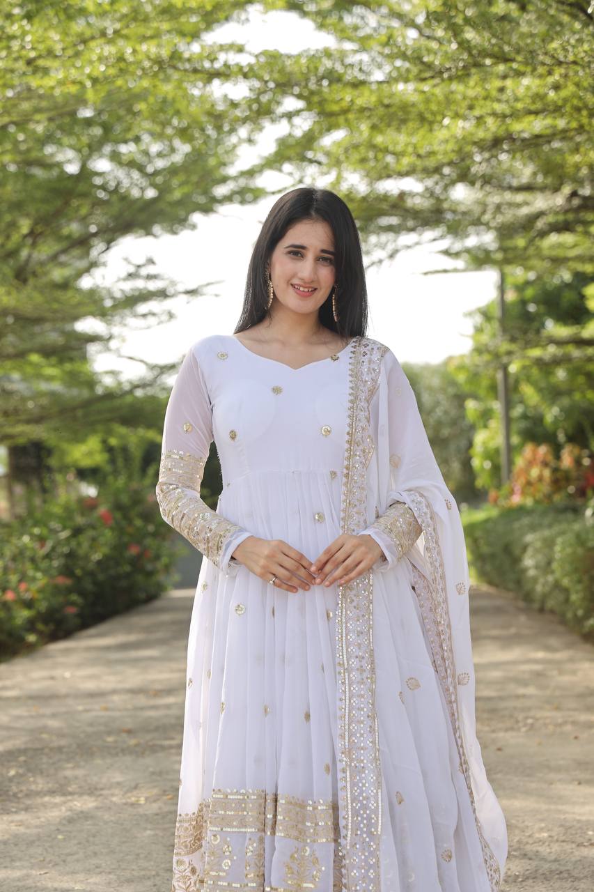 Teeya Creation White Color Georgette Heavy Embroidery And Sequence Work Anarkali With Pants And Dupatta