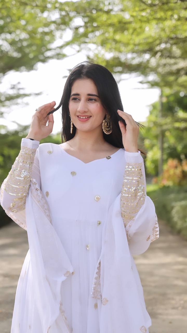Teeya Creation White Color Georgette Heavy Embroidery And Sequence Work Anarkali With Pants And Dupatta