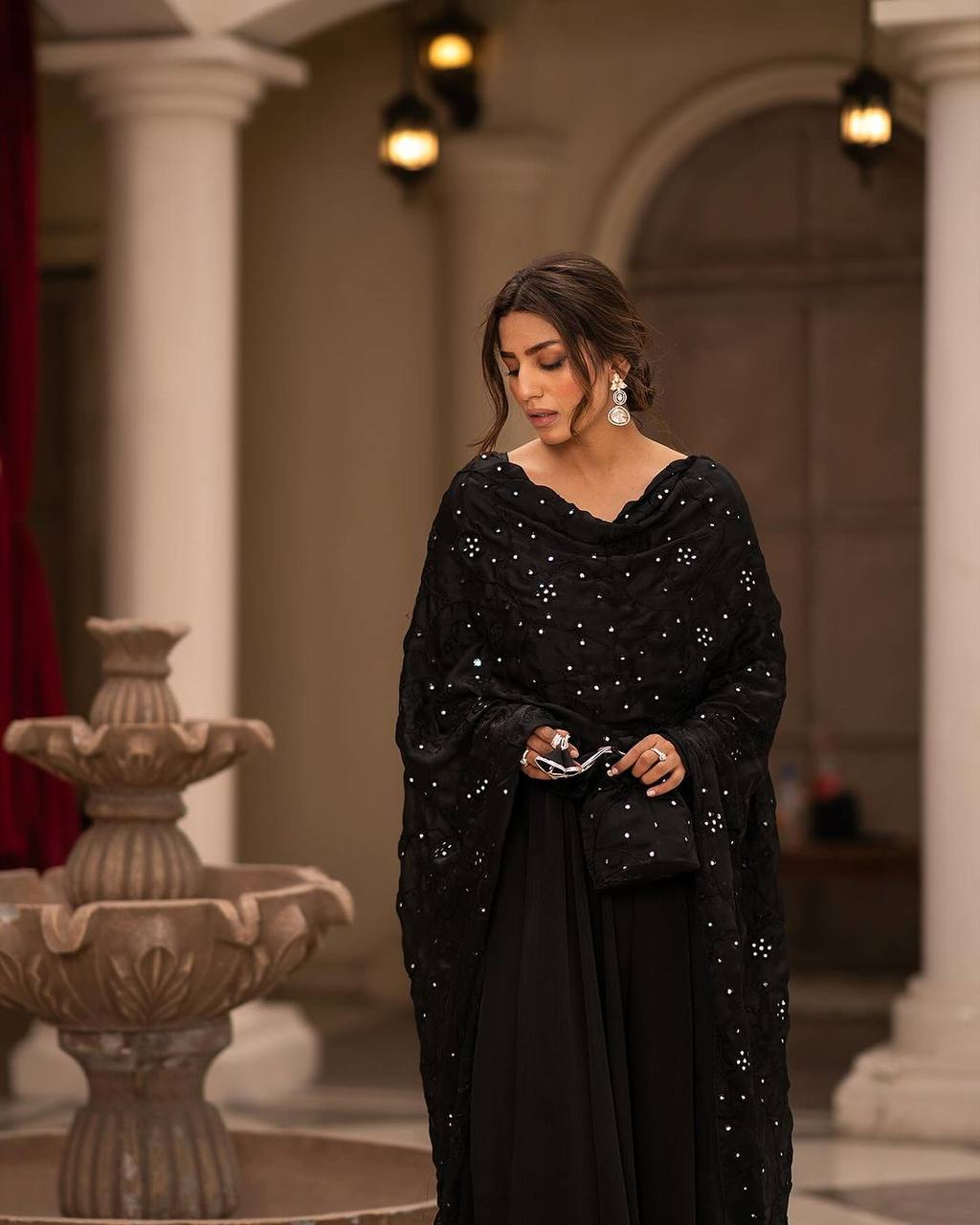 Teeya Creation Black Color Roman Cotton Embroidery And Sequence Work Anarkali With Pants And Dupatta
