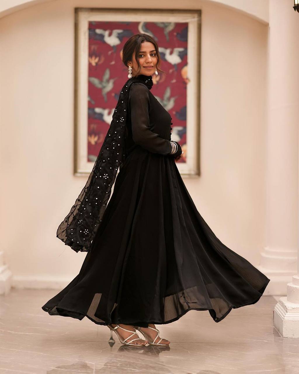 Teeya Creation Black Color Roman Cotton Embroidery And Sequence Work Anarkali With Pants And Dupatta