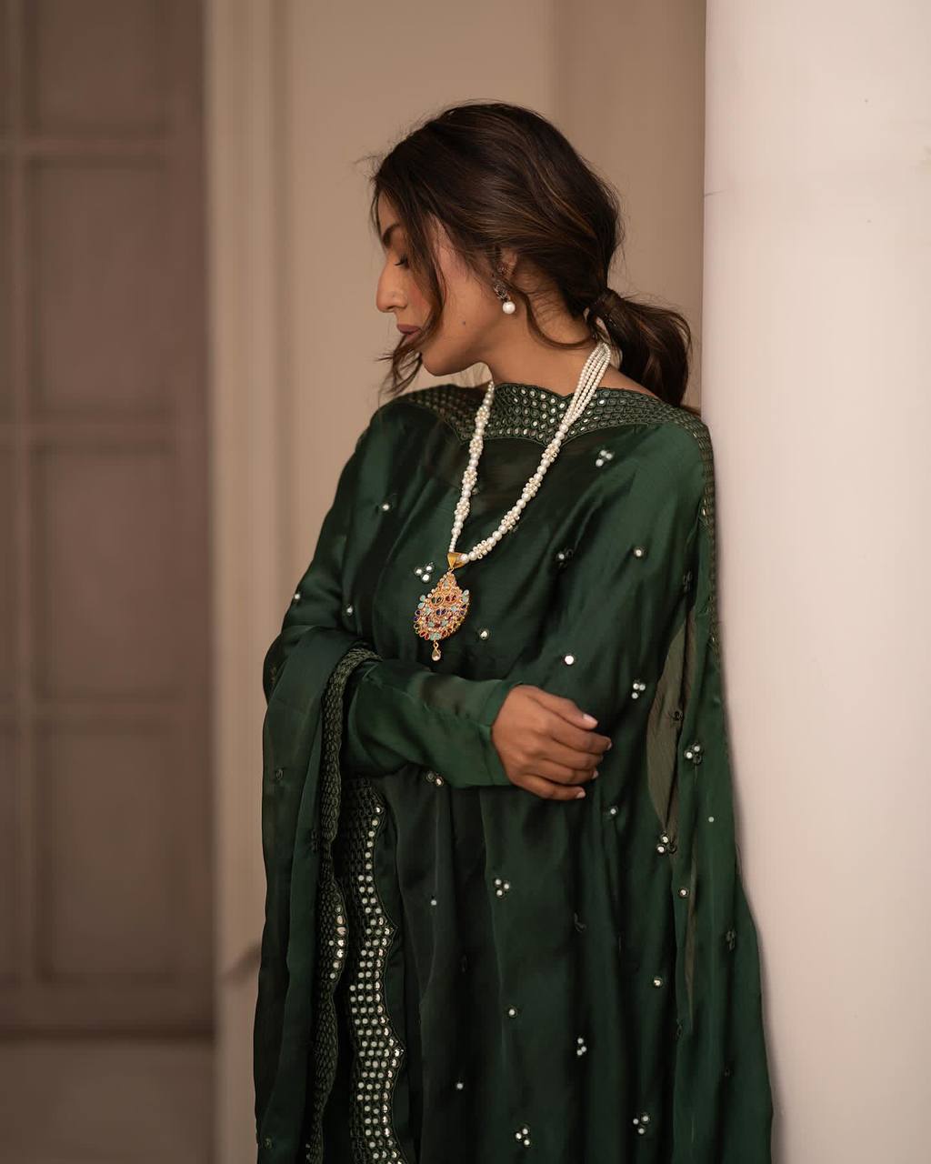 Teeya Creation Green Color Roman Cotton Embroidery And Sequence Work Anarkali With Pants And Dupatta