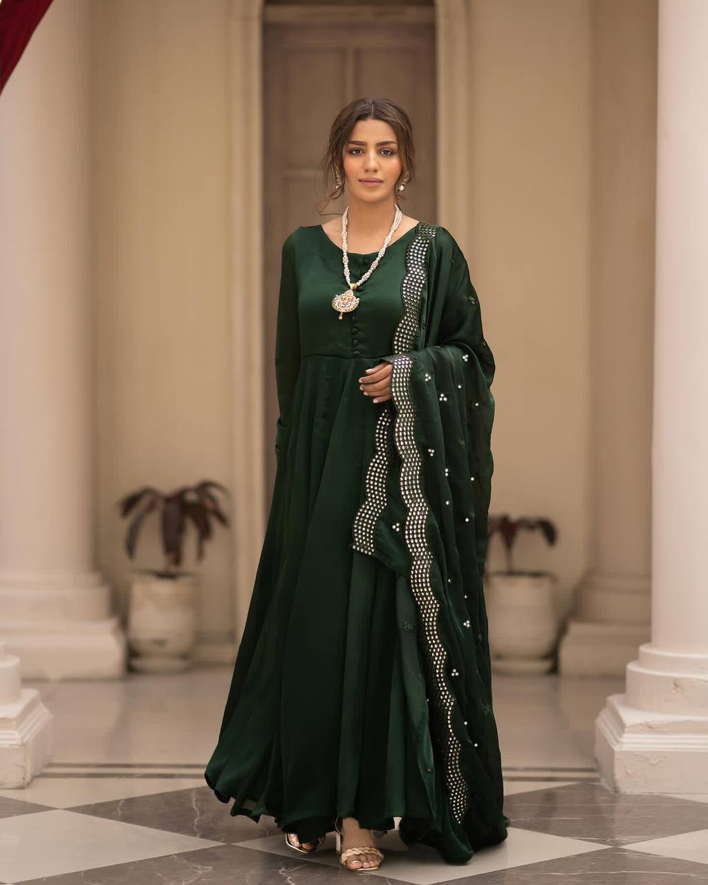 Teeya Creation Green Color Roman Cotton Embroidery And Sequence Work Anarkali With Pants And Dupatta