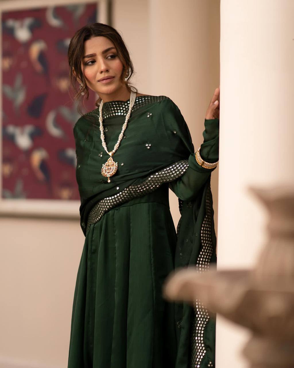 Teeya Creation Green Color Roman Cotton Embroidery And Sequence Work Anarkali With Pants And Dupatta