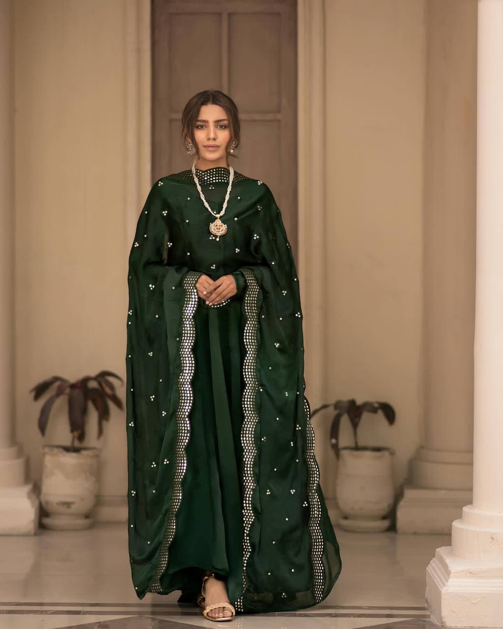 Teeya Creation Green Color Roman Cotton Embroidery And Sequence Work Anarkali With Pants And Dupatta