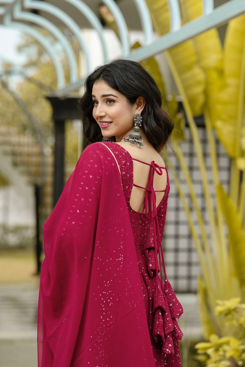 Teeya Creation Maroon Color Georgette Heavy Embroidery And Sequence Work Anarkali With Pants And Dupatta