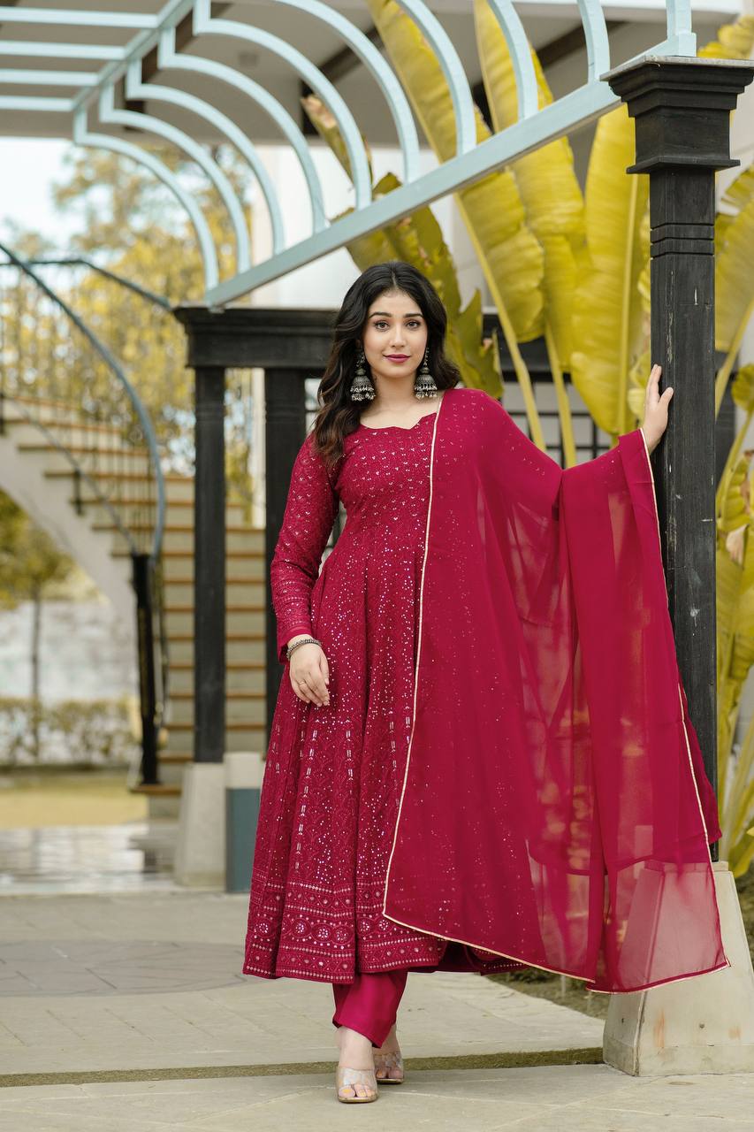 Teeya Creation Maroon Color Georgette Heavy Embroidery And Sequence Work Anarkali With Pants And Dupatta