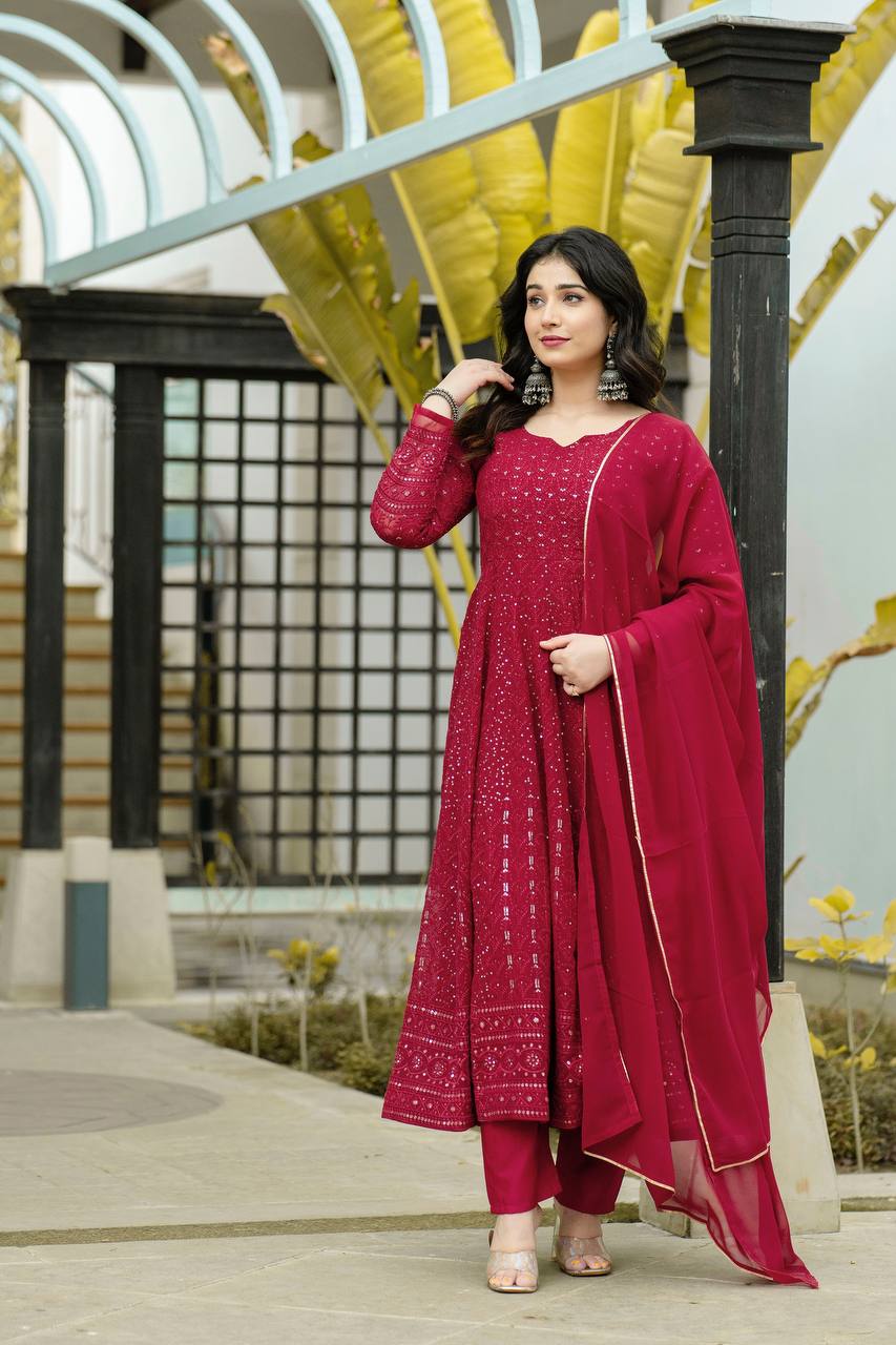 Teeya Creation Maroon Color Georgette Heavy Embroidery And Sequence Work Anarkali With Pants And Dupatta