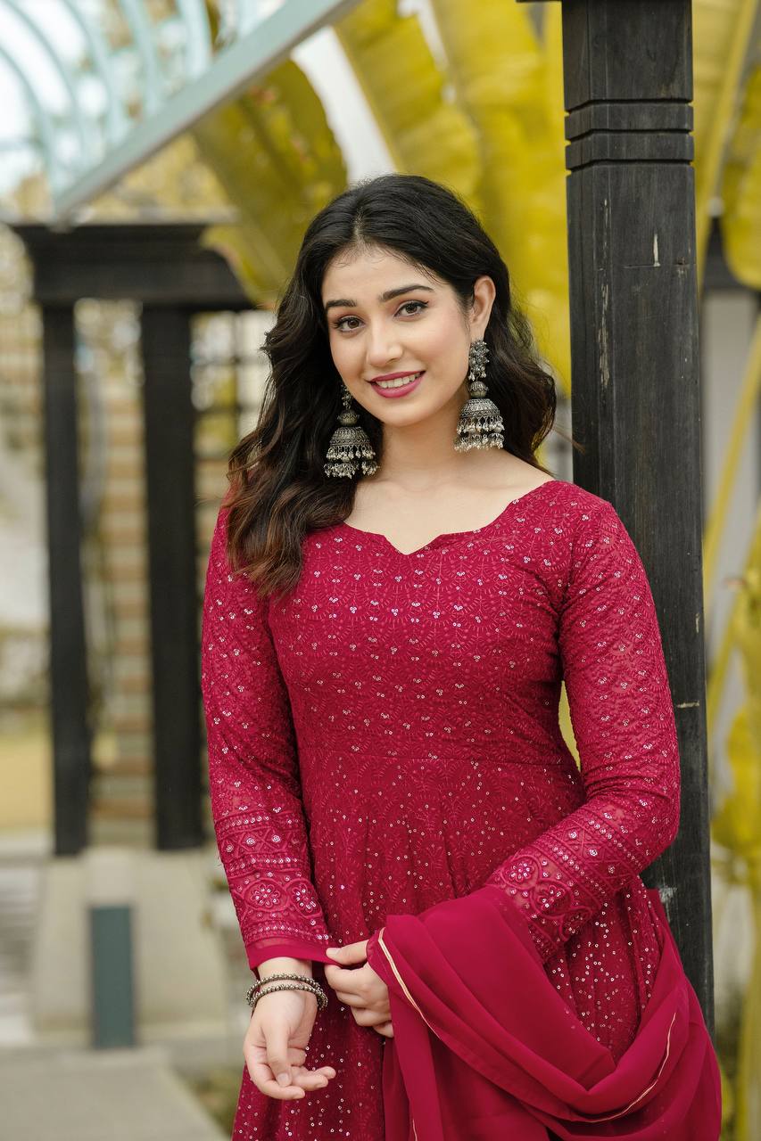 Teeya Creation Maroon Color Georgette Heavy Embroidery And Sequence Work Anarkali With Pants And Dupatta