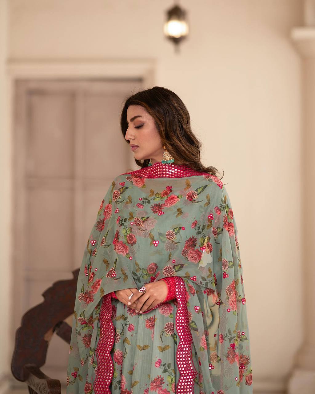 Teeya Creation Multicolor Chinon Silk Digital Print With Sequence Work Anarkali With Pants And Dupatta